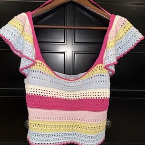 Sincerely Jules Multi Color Striped Open Knit  Crop Top Sz M Boho Festival‎